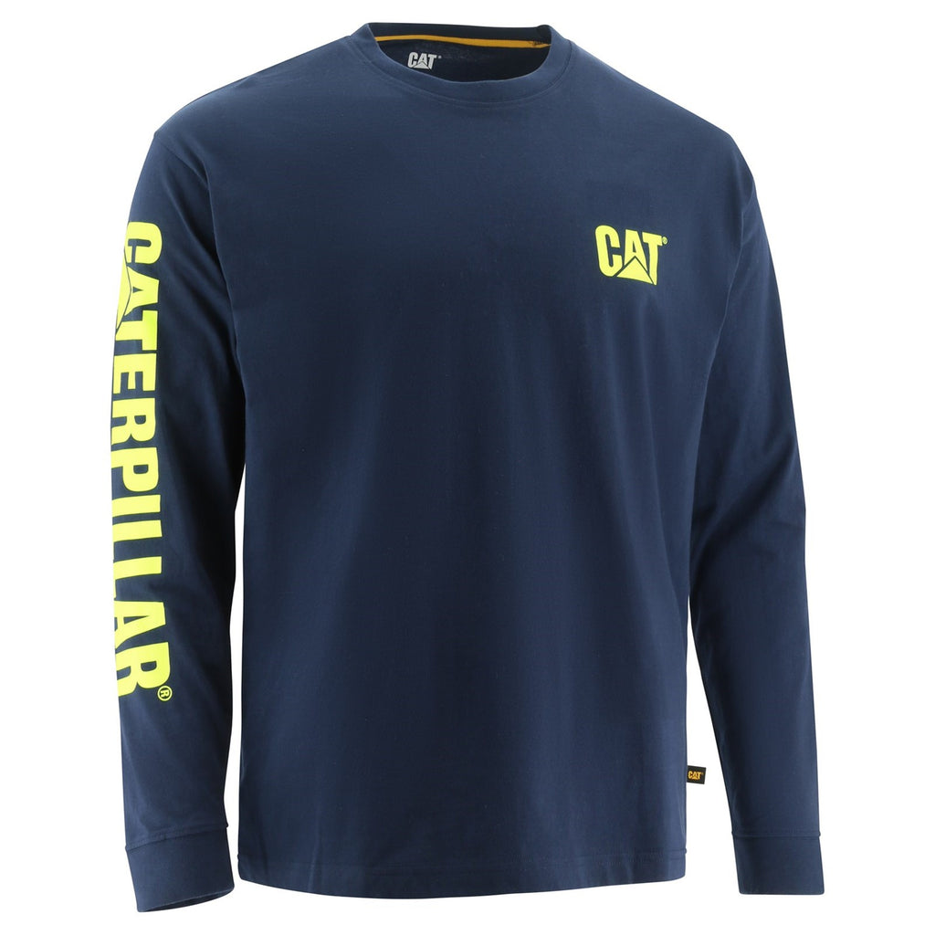 Caterpillar Trademark Banner Long Sleeve T-shirt Herr Blå Gula Sverige | 46913RBZJ