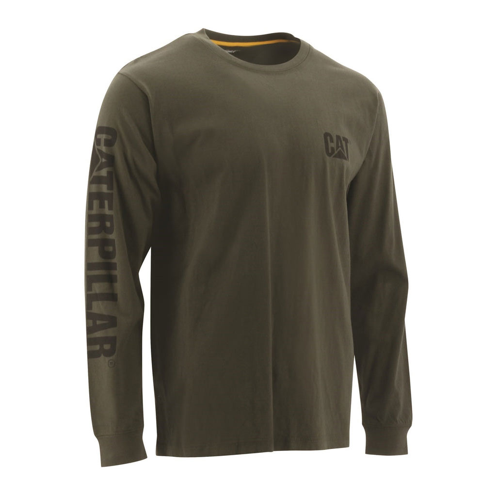 Caterpillar Trademark Banner Long Sleeve T-shirt Herr Gröna Sverige | 79086LXZV